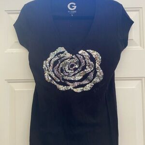 G by Guess Black Top with Silver Sequin Rose